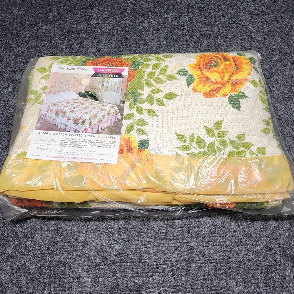 Vintage Cannon Thermal Blanket Hampton Rose Yellow Flowers Satin Trim NOS